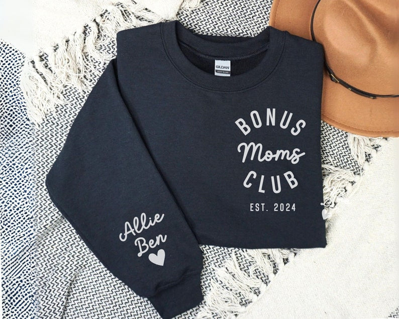 Custom Bonus Mom Bonus Dad Sweatshirt Hoodie Shirt Kid Names on Sleeve, gift for Stepmom Stepdad, Stepmom Stepdad gift, Second Dad Mom Shirt