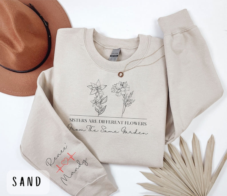Personalized Sisters Sweatshirt With Names On Sleeve, Personalized Birth Month Sweatshirt, GIfts For Sister, Sister Sweater, Sister Gift