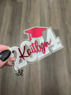 Graduation Keychain Gift, Class of 2026, Personalized Name, Silver Key Ring, Lobster Claw and Tassel Charm, Key Ring Bag Tag, 3D Layered Tag
