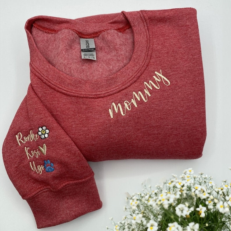 Personalized Embroidered Mama Mommy Gigi Auntie or Any Text on Neckline Shirt, Custom Names on Sleeve,Personalized Gift for Mom Nana Auntie