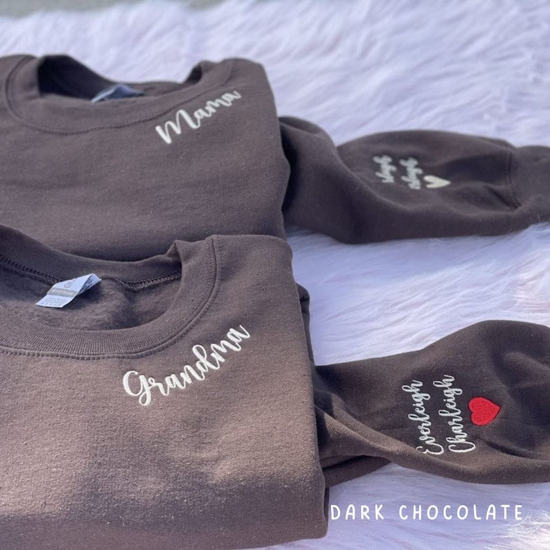 Personalized Embroidered Mama Mommy Gigi Auntie or Any Text on Neckline Shirt, Custom Names on Sleeve,Personalized Gift for Mom Nana Auntie