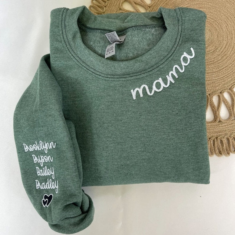 Personalized Embroidered Mama Mommy Gigi Auntie or Any Text on Neckline Shirt, Custom Names on Sleeve,Personalized Gift for Mom Nana Auntie