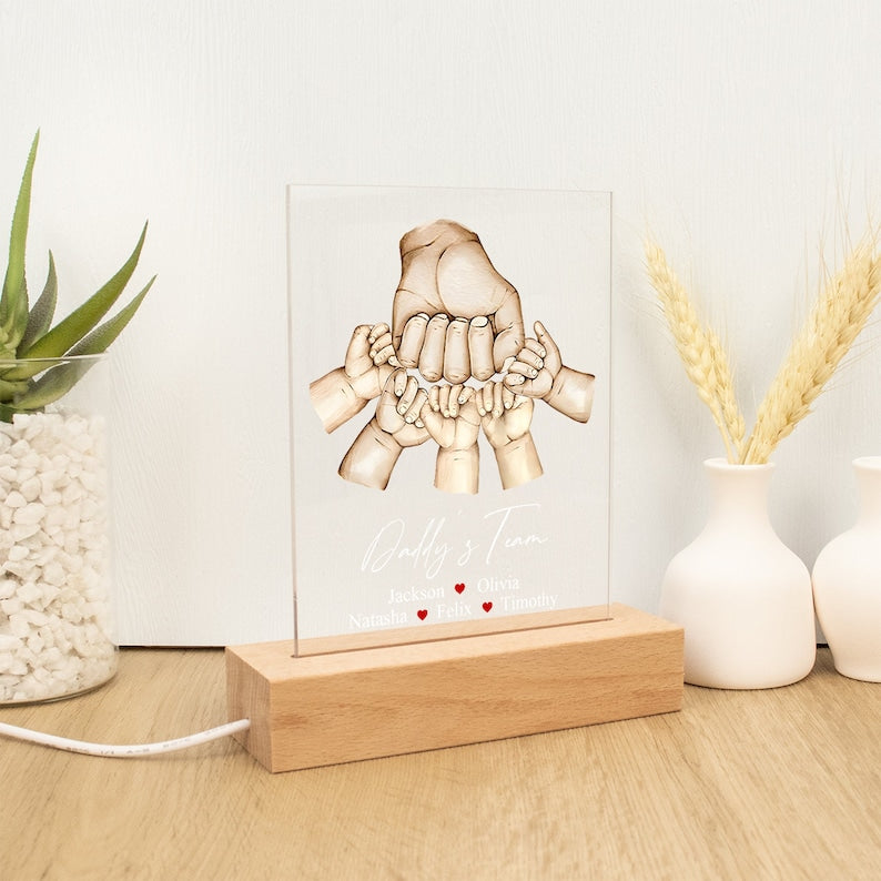 Personalized Fist Bump Daddys Team Acrylic Night Light, Custom Fist Bump Family Hand 3D LED Light Wooden Base, Father's Day Gift