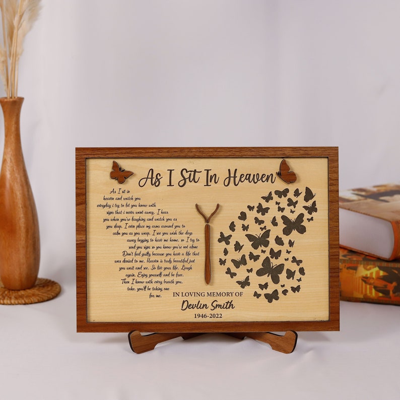 As I Sit in Heaven Wooden Memorial Wood Plaque, Mom Butterfly Memorial Gift, Custom Bereavement Gift, Heavenly Mothers Day, Remembrance Gift