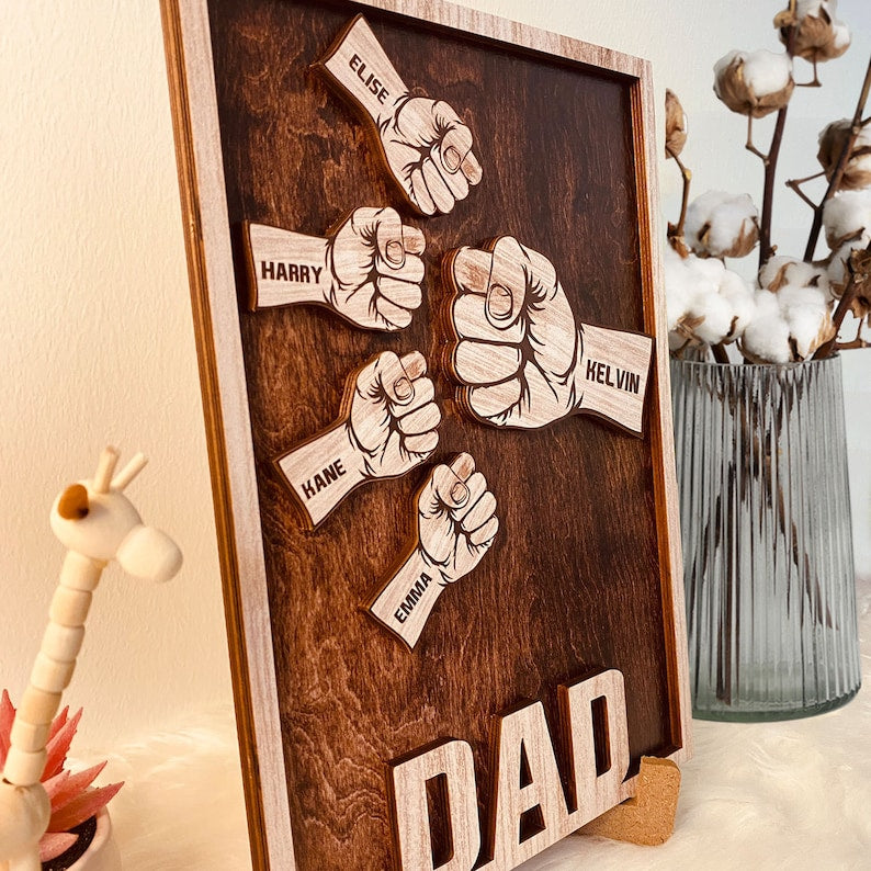Custom Fist Bump Dad and Kids Name Wooden Sign, Personalized Family Sign, Father's Day Sign with Kid's name, Father's day Gift For Grandpa