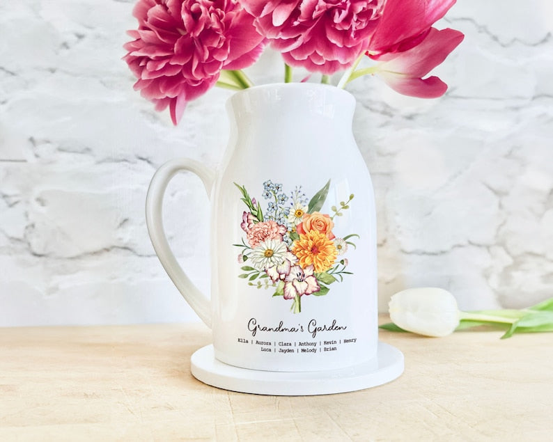 Personalized Grandmas Garden Plant Pot and Vase, Grandma Gift, Mothers Day Gift, Custom Grandkid Name, Birthday Month Flowers Gift Vase, Wildflower Gifts