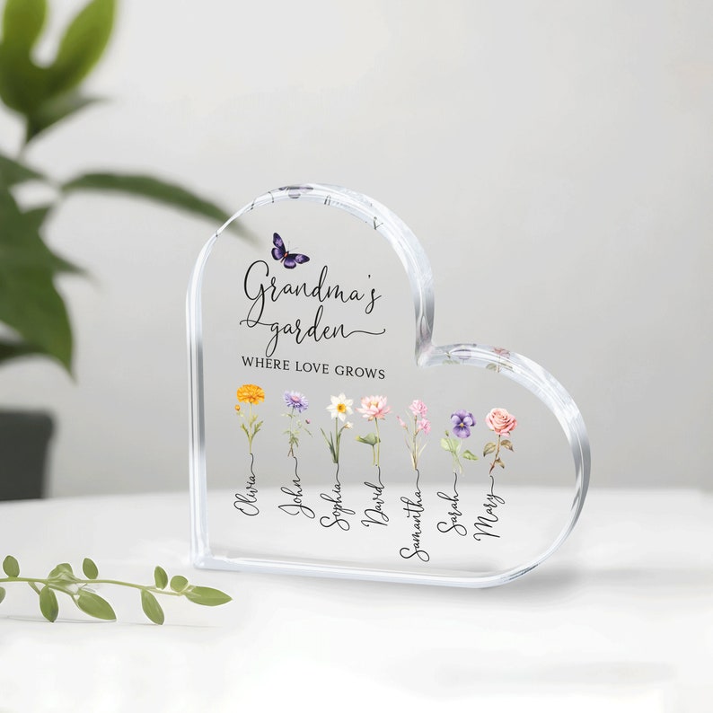Grandma Gift, Personalized Grandma's Garden Gift For Grandma, Mother's Day Gift For Grandma, Birth Month Flower Heart Acrylic Plaque