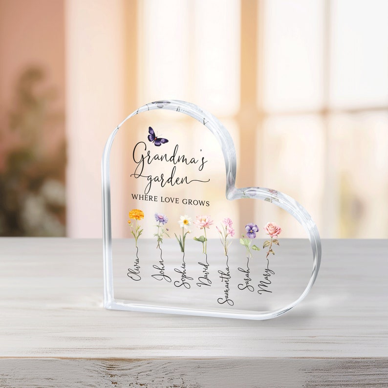 Grandma Gift, Personalized Grandma's Garden Gift For Grandma, Mother's Day Gift For Grandma, Birth Month Flower Heart Acrylic Plaque