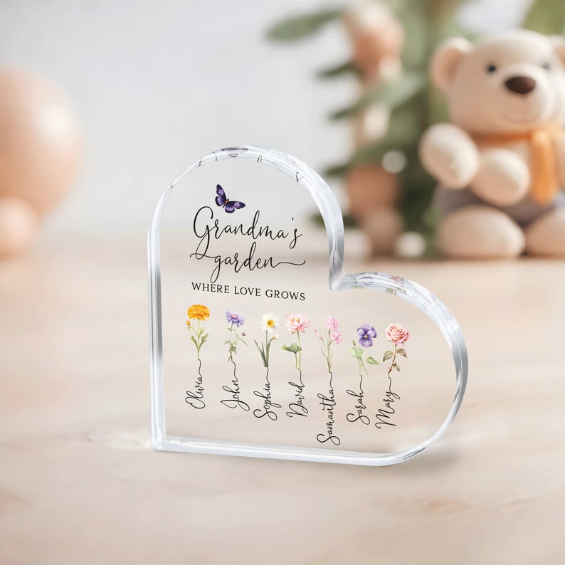 Grandma Gift, Personalized Grandma's Garden Gift For Grandma, Mother's Day Gift For Grandma, Birth Month Flower Heart Acrylic Plaque