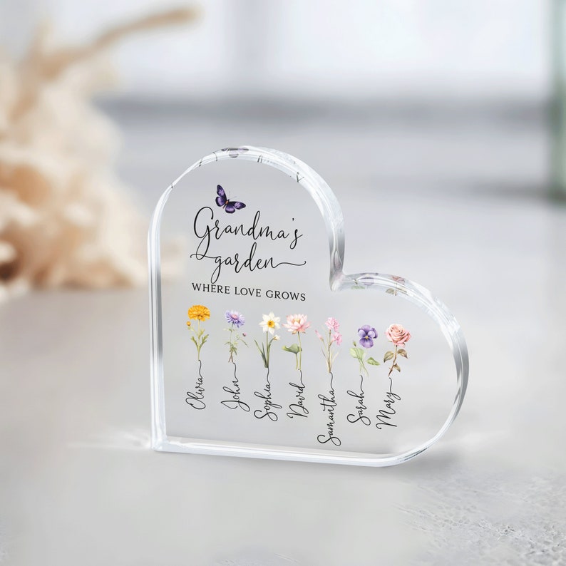 Grandma Gift, Personalized Grandma's Garden Gift For Grandma, Mother's Day Gift For Grandma, Birth Month Flower Heart Acrylic Plaque