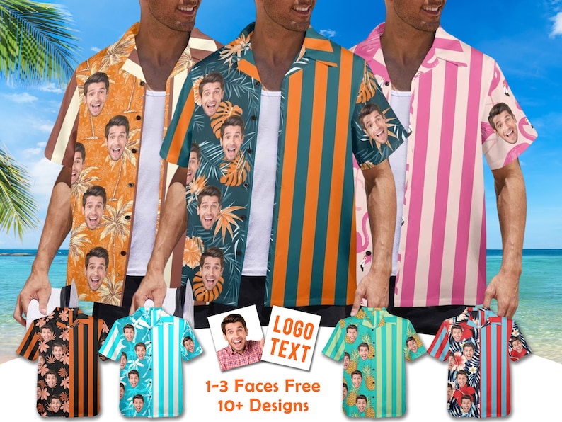 Custom Hawaiian Shirt with Face for Man, 70's Retro Striped Hawaiian Shirt for Men, Vintage Hawaiian Shirt,Hawaiian Shirt Button Down Shirts