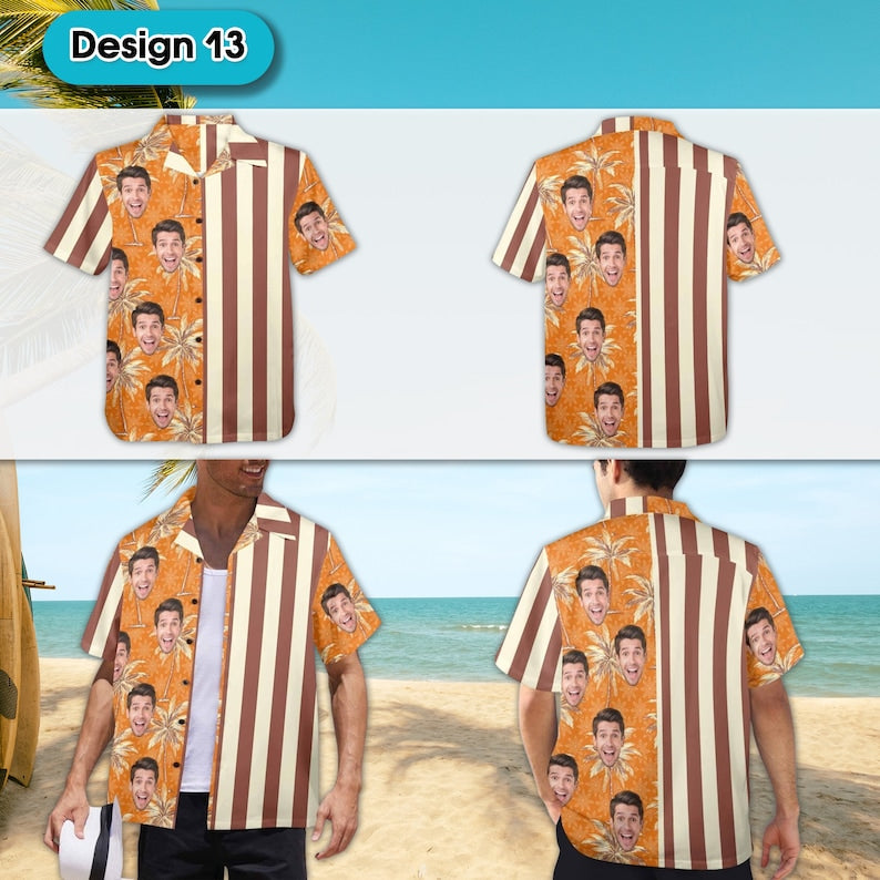 Custom Hawaiian Shirt with Face for Man, 70's Retro Striped Hawaiian Shirt for Men, Vintage Hawaiian Shirt,Hawaiian Shirt Button Down Shirts