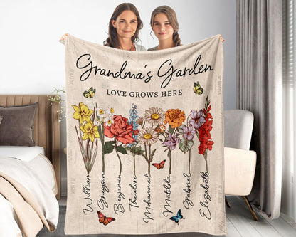 Personalized Grandmas Garden Blanket | Grandma Love Grows Here Blanket | Birth Month Flowers With Family Names Gift | Mother's Day Gift 2025
