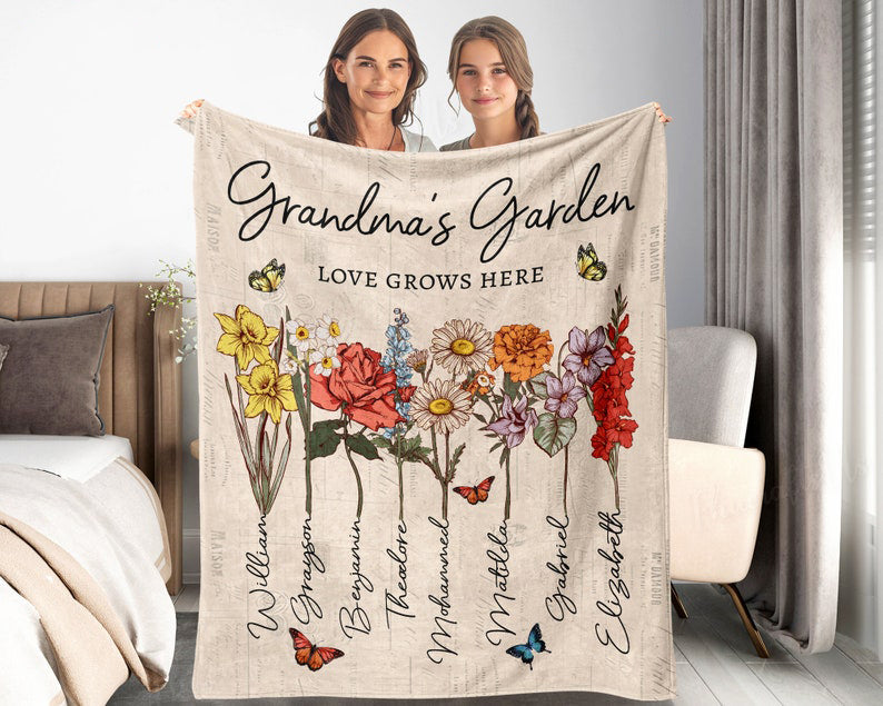 Personalized Grandmas Garden Blanket | Grandma Love Grows Here Blanket | Birth Month Flowers With Family Names Gift | Mother's Day Gift 2025