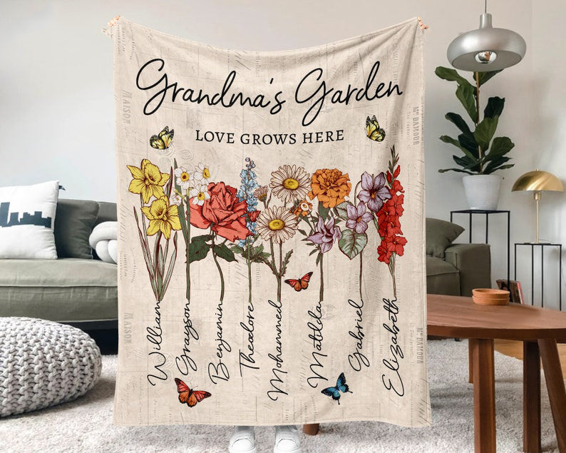 Personalized Grandmas Garden Blanket | Grandma Love Grows Here Blanket | Birth Month Flowers With Family Names Gift | Mother's Day Gift 2025