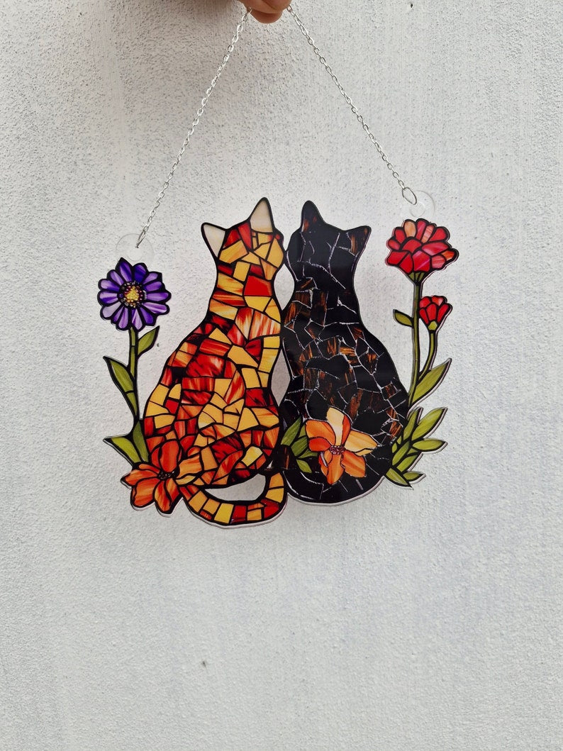 Personalized cat Window Hanging, Acrylic Poppy Flowers Wall Window Hanging Art Decoration, Cat home decor, Gift for mom, cat lovers