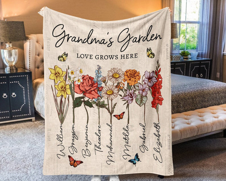 Personalized Grandmas Garden Blanket | Grandma Love Grows Here Blanket | Birth Month Flowers With Family Names Gift | Mother's Day Gift 2025