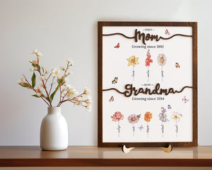 First Mom Now Grandma Gift, Mom Gift, Mom Birthday Gift, Nana Gift Personalized Flower Birth Month Garden Wooden Sign Frame, Mother Day Gift