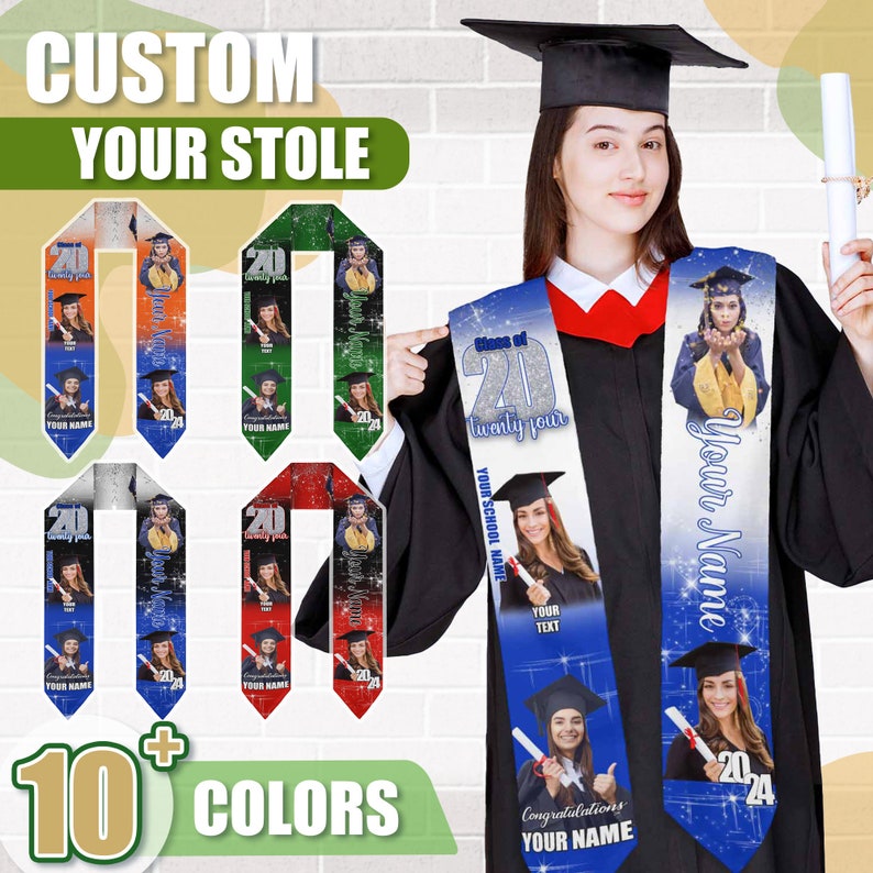 Custom Graduation Stole with photos, Your School Colors Personalized Stole,Personalized Text Grad Stole Sash,Gift for Graduate,Class of 2025