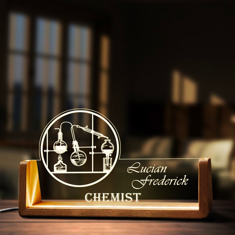Custom Chemistry Teacher Desk Name Plate Personalized Chemist LED Light Wooden Base Acrylic Office Accessories Wood Name Sign Decor Gift