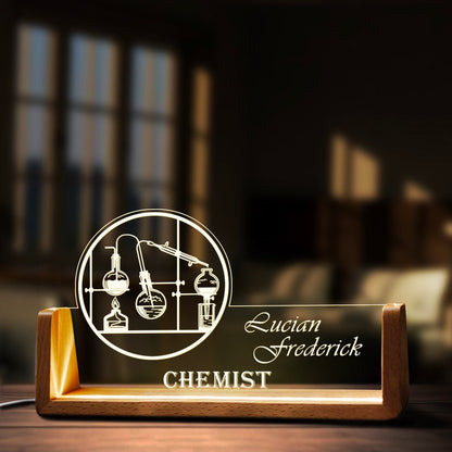 Custom Chemistry Teacher Desk Name Plate Personalized Chemist LED Light Wooden Base Acrylic Office Accessories Wood Name Sign Decor Gift