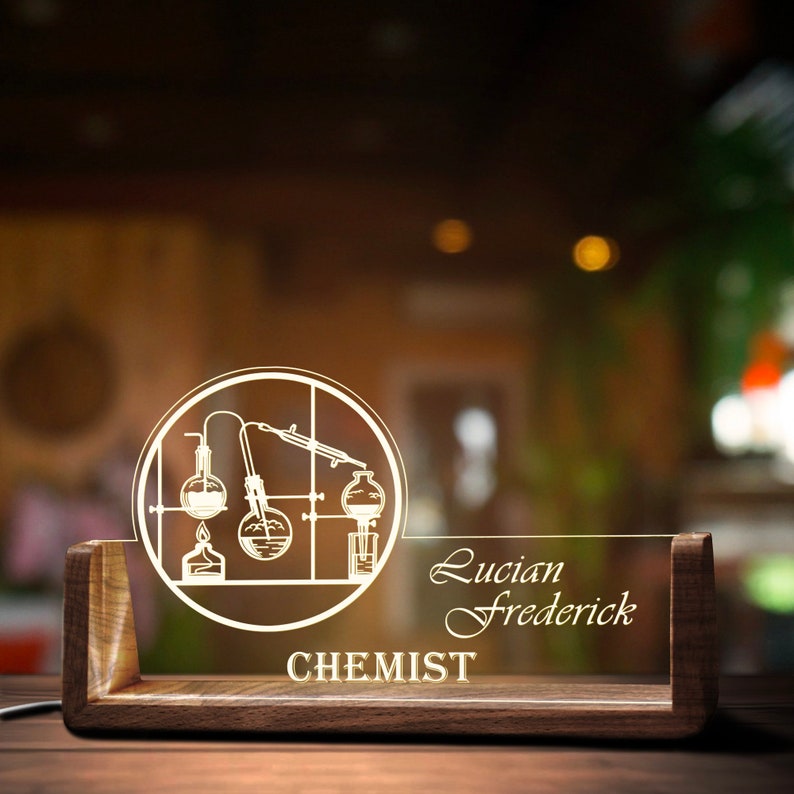 Custom Chemistry Teacher Desk Name Plate Personalized Chemist LED Light Wooden Base Acrylic Office Accessories Wood Name Sign Decor Gift