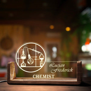 Custom Chemistry Teacher Desk Name Plate Personalized Chemist LED Light Wooden Base Acrylic Office Accessories Wood Name Sign Decor Gift