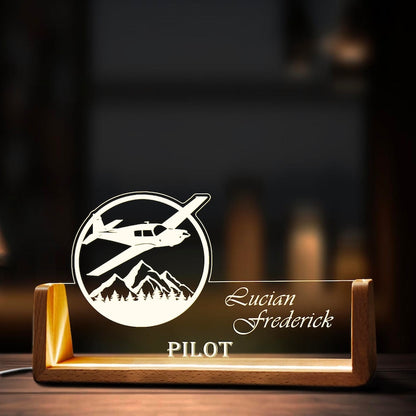 Custom Airplane Desk Name Plate Personalized Pilot LED Light Wooden Base Acrylic Office Accessories Wood Name Sign Decor Gift