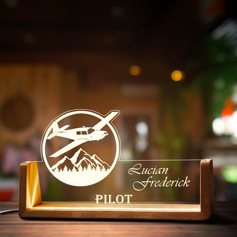 Custom Airplane Desk Name Plate Personalized Pilot LED Light Wooden Base Acrylic Office Accessories Wood Name Sign Decor Gift