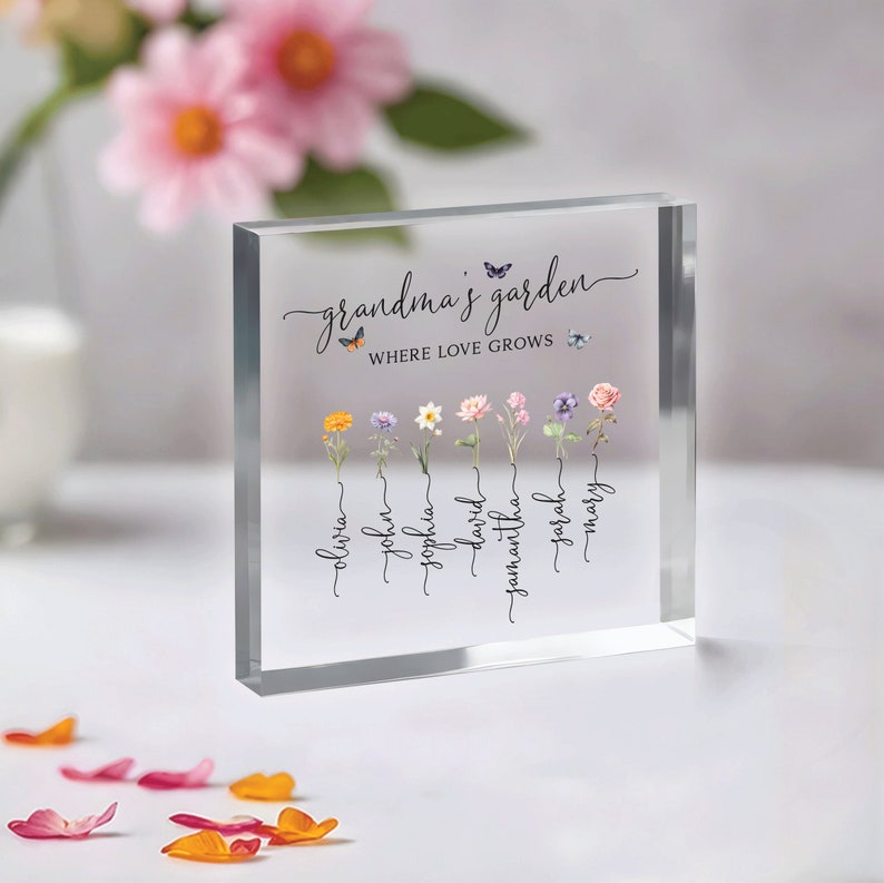 Grandma Gift, Personalized Grandma's Garden Gift For Grandma, Mother's Day Gift For Grandma, Birth Month Flower Heart Acrylic Plaque