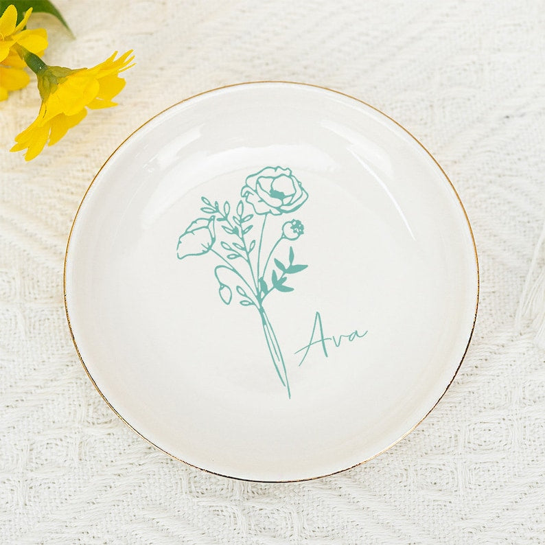 Custom Birth Flower Ring Dish,Wedding Ring Dish,Bridesmaid Gift,Wedding Engagement Gift,Gift for Women,Moms Birthday Gift,Best Firend Gift