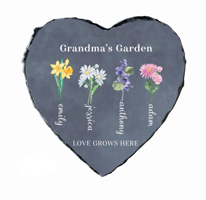 Personalized Garden Stone, Mothers Day Gifts for Grandma with Grandkid's Birth Flower Gift, Heart Shape
