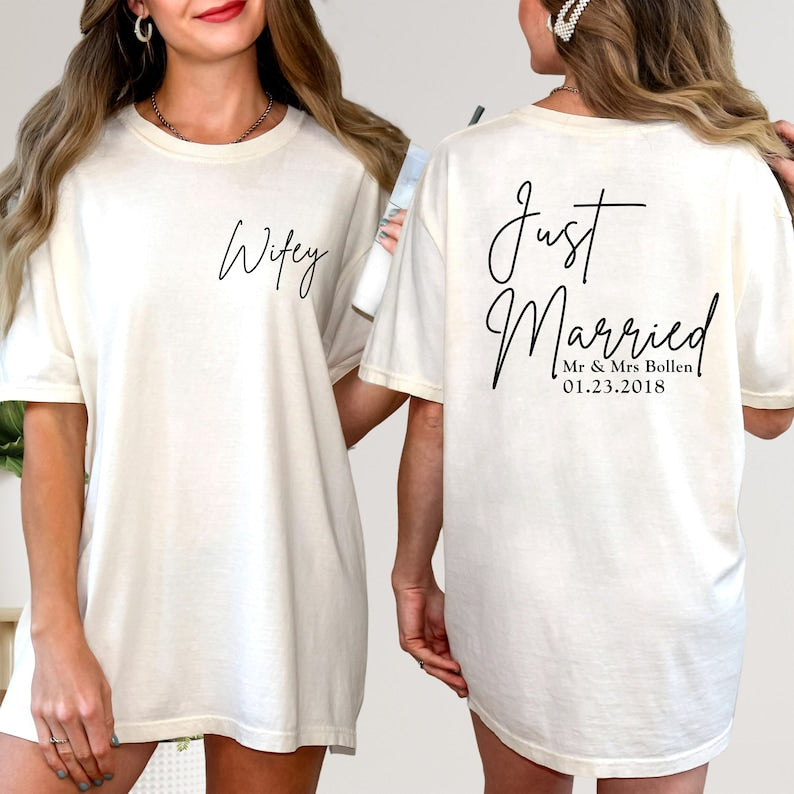 Custom T-Shirt, Back And Front Printed Just Married T-Shirt, Custom Honeymoon Shirt, Mr and Mrs Honeymoon Gift, Wedding Tees