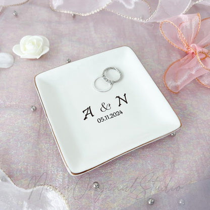 Custom Initial Name Wedding Ring Dish, Engaged Jewelry Plate For Her, Trinket Holder For Bride, Bridal Shower Gift, Anniversary Gift