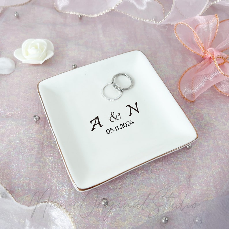 Custom Initial Name Wedding Ring Dish, Engaged Jewelry Plate For Her, Trinket Holder For Bride, Bridal Shower Gift, Anniversary Gift