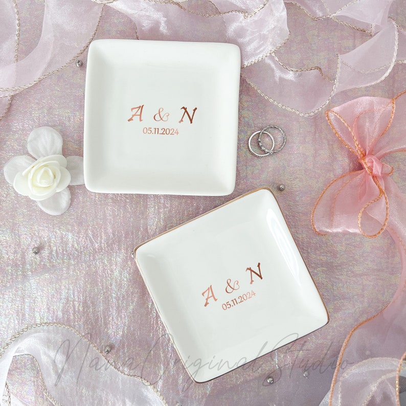 Custom Initial Name Wedding Ring Dish, Engaged Jewelry Plate For Her, Trinket Holder For Bride, Bridal Shower Gift, Anniversary Gift