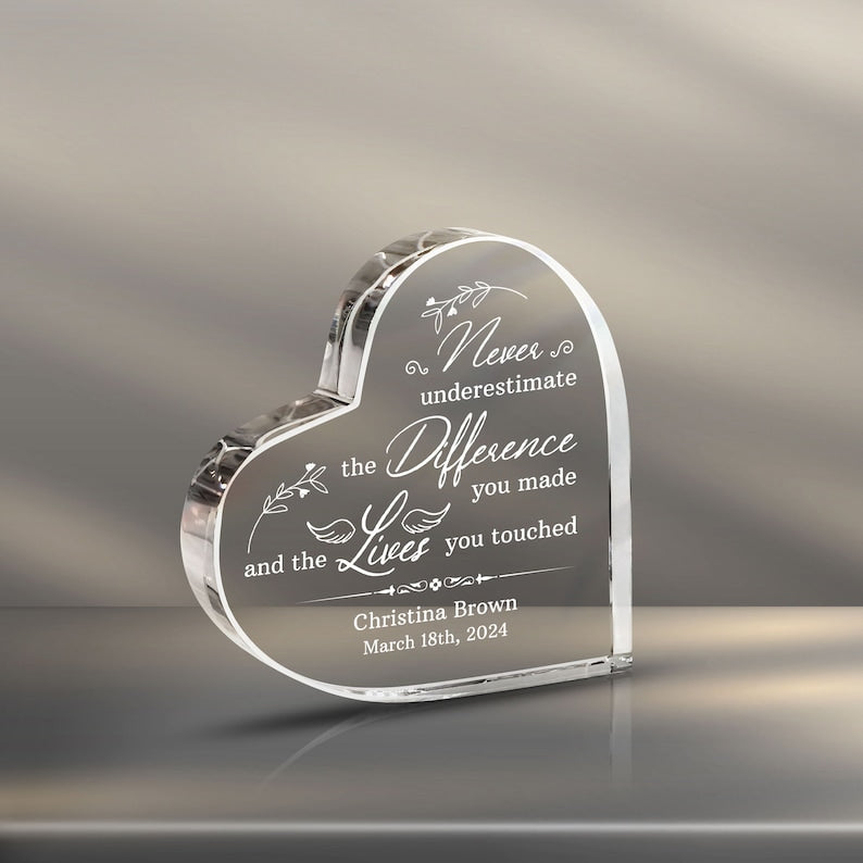 Personalized Heart Acrylic, Never Underestimate The Difference You Made, Acrylic Heart Plaque, Happy Retirement Gift, Teacher Gift