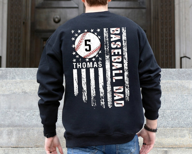 Baseball Dad Sweatshirt, Personalized Name Number Baseball Player Shirt for Dad, Baseball Dad Shirt, Sports Dad Hoodie, Fathers Day Gift