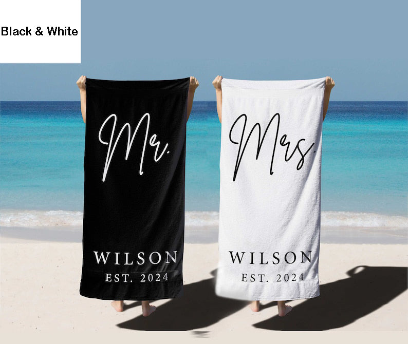 Mr. and Mrs. Beach Towels, Bride Personalized Beach Towel, Couple Pool Towel, Wedding Newlywed Honeymoon Gift, Groom Gift Beach Bachelorette