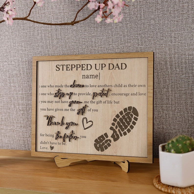 Stepped Up Dad Customized Sign, Thank You Gifts, Step-Dad Gift, This Dad Belongs to, Gifts from Kids, Personalized 3D Wood Sign Fathers Day