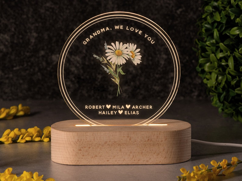 Personalized Birth Month Flower Acrylic Night Light, Boho LED Light, Gift for Mom, Birthday Gift, Custom Mom Night Light Custom Mom