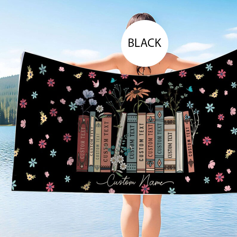 Personalized Floral Book Beach Towel, Custom Books & Name Library Gift for Book Lover, Favorite Book Reader Girl Trip Bath Pool Summer Trip