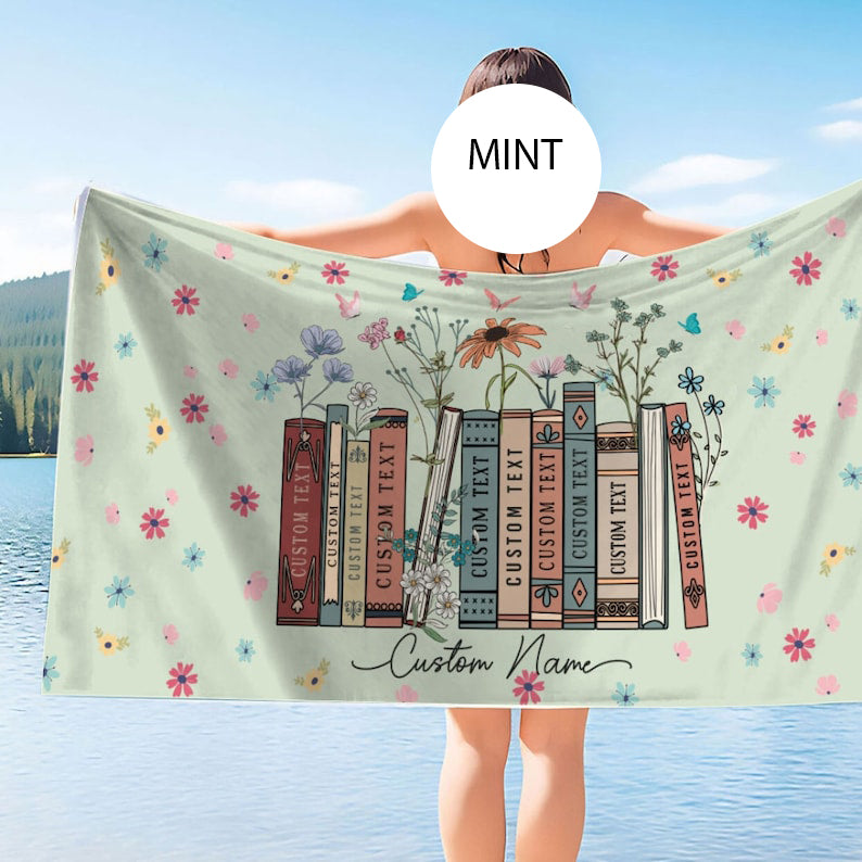 Personalized Floral Book Beach Towel, Custom Books & Name Library Gift for Book Lover, Favorite Book Reader Girl Trip Bath Pool Summer Trip