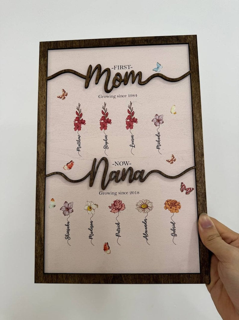 First Mom Now Grandma Gift, Mom Gift, Mom Birthday Gift, Nana Gift Personalized Flower Birth Month Garden Wooden Sign Frame, Mother Day Gift