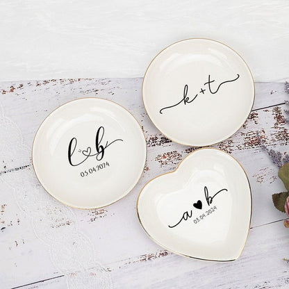 Personalized Ceramic Ring Dish, Wedding Ring Dish, Initials and Date Jewelry Dish, Valentines Day Gift for Wife Girlfriend, Anniversary Gift