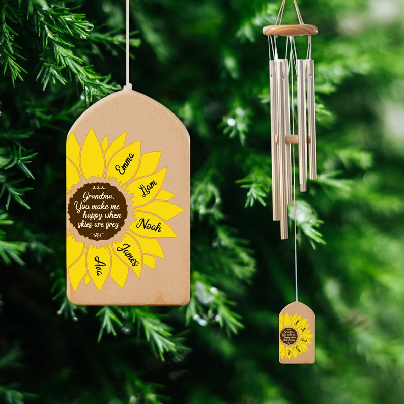 Personalized Sunflower Wind Chimes, You Make Me Happy, Kids Name Sign, Mother's Day Gift, Family Wind Chime, Gift for Grandma, Mom Gift