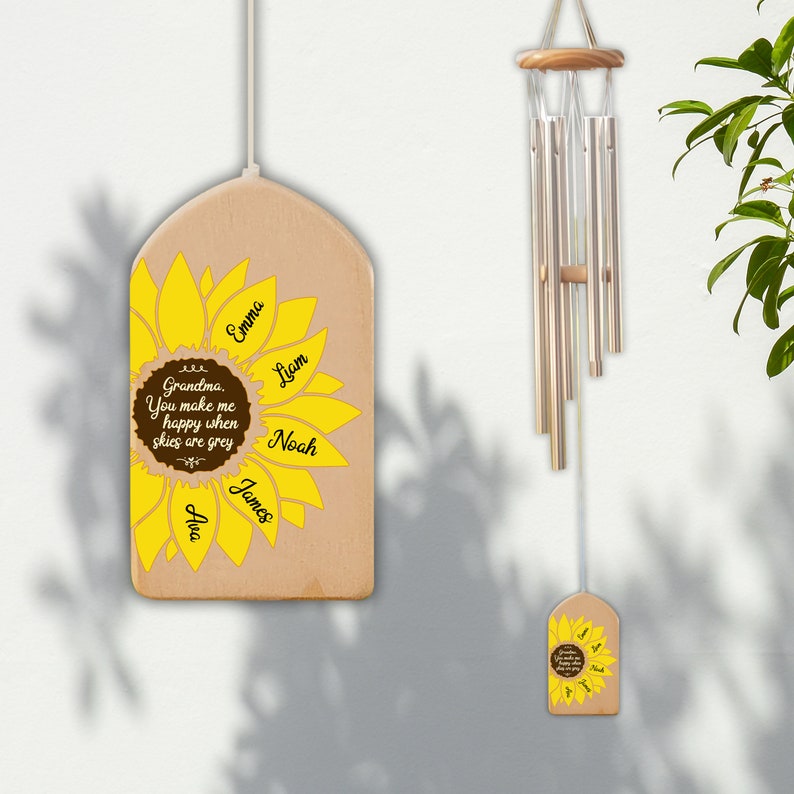 Personalized Sunflower Wind Chimes, You Make Me Happy, Kids Name Sign, Mother's Day Gift, Family Wind Chime, Gift for Grandma, Mom Gift