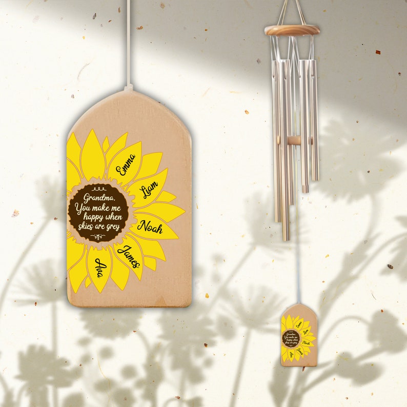 Personalized Sunflower Wind Chimes, You Make Me Happy, Kids Name Sign, Mother's Day Gift, Family Wind Chime, Gift for Grandma, Mom Gift