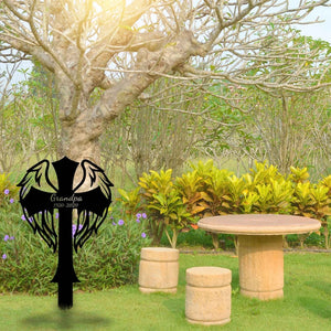 Custom Memorial Cross With Wings Metal Stake, Memorial Garden Decor, Personalized Angel Cross Signs, Outdoor Grave Markers, Sympathy Gift