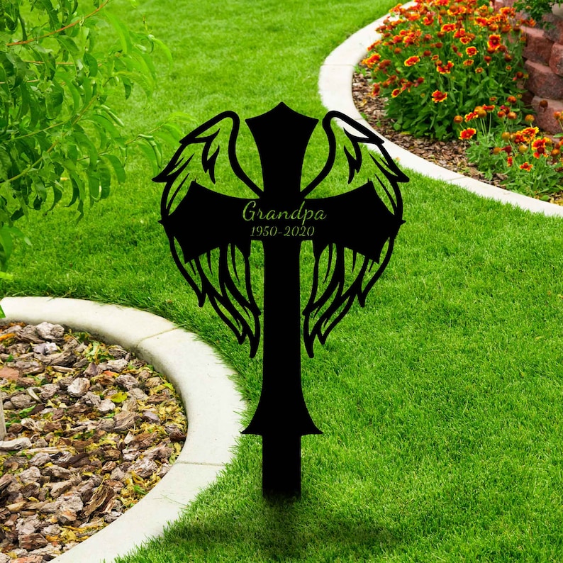Custom Memorial Cross With Wings Metal Stake, Memorial Garden Decor, Personalized Angel Cross Signs, Outdoor Grave Markers, Sympathy Gift